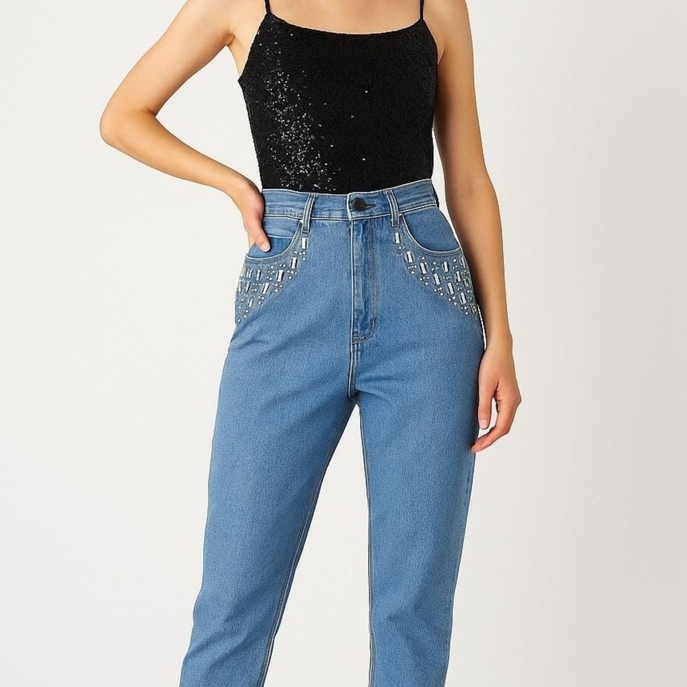 Vintage Cache‎ High Waisted Embellished Tapered Jeans Medium Wash USA 8
